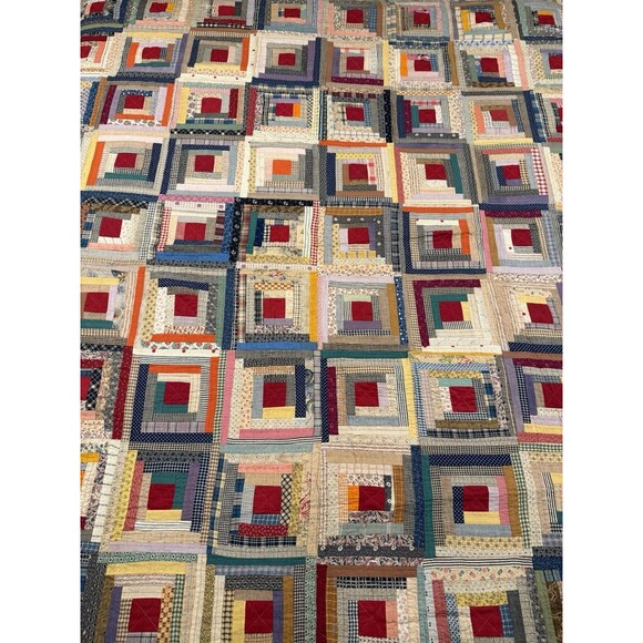 Antique Log Cabin Quilt Reversible Twin/full Blue Trim Floral Back 81” X 64” - Picture 2 of 16